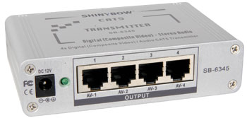 A compact transmitter with an AV preview output and 4 x CAT 5 outputs for sending composite video and stereo audio signals up to 1000ft (300m) to a CAT 5 receiver.