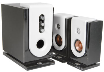 An attractive multimedia speaker system in a contemporary black and white finish. An ideal compliment to MP3 and other portable sound sources.
