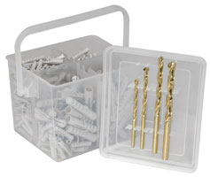 A selection of wall plugs and screws in a tough, impact resistant, compartment box.