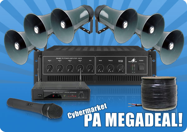 PA Package 3 - 6 Horn Speakers, 240W Amp, Wireless Microphone and 100m Cable - MEGADEAL