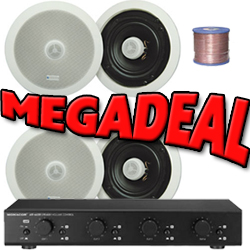 2 Pairs of 8'' Pro Ceiling Speakers, 4-Zone Volume Control & 100m Hi-Grade Cable MEGADEAL