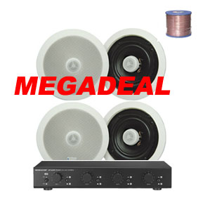 2 Pairs of 8'' Pro Ceiling Speakers, 4-Zone Volume Control & 100m Hi-Grade Cable MEGADEAL