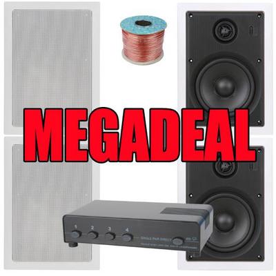 2 Pairs Of 100W 5.25'' Pro Wall Speakers, 8 Zone Speaker Switch & 100m Hi-Grade Cable MEGADEAL