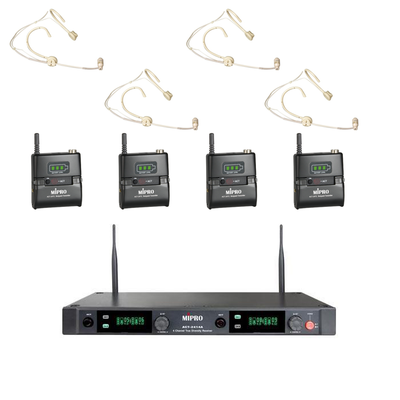 MIPRO Quad Wireless Microphone System With 4 X Headset Mics (Skin Coloured)