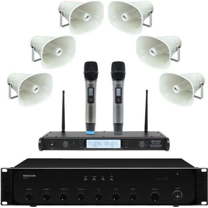 PA System With 6 Horn Speakers And Dual Wireless Microphone