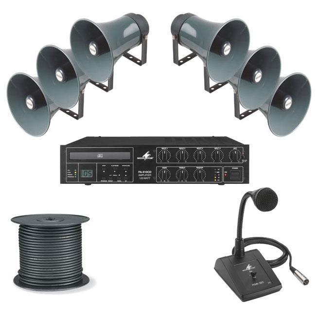 PA Package 4 - 6 Horn Speakers, 120W Amp with Built In CD Player, Paging Mic & 100M Cable - main image