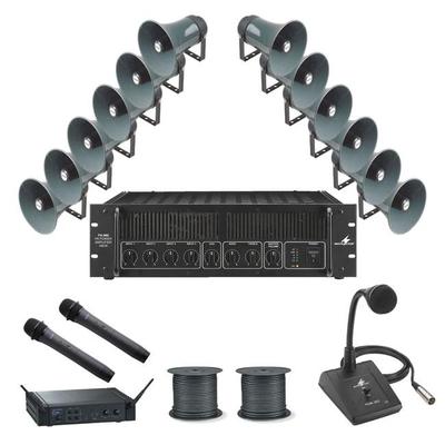 PA Package 5 - 12 Horn Speakers, 480W Amp, 2 x Wireless Mics, Paging Mic & 200M Cable