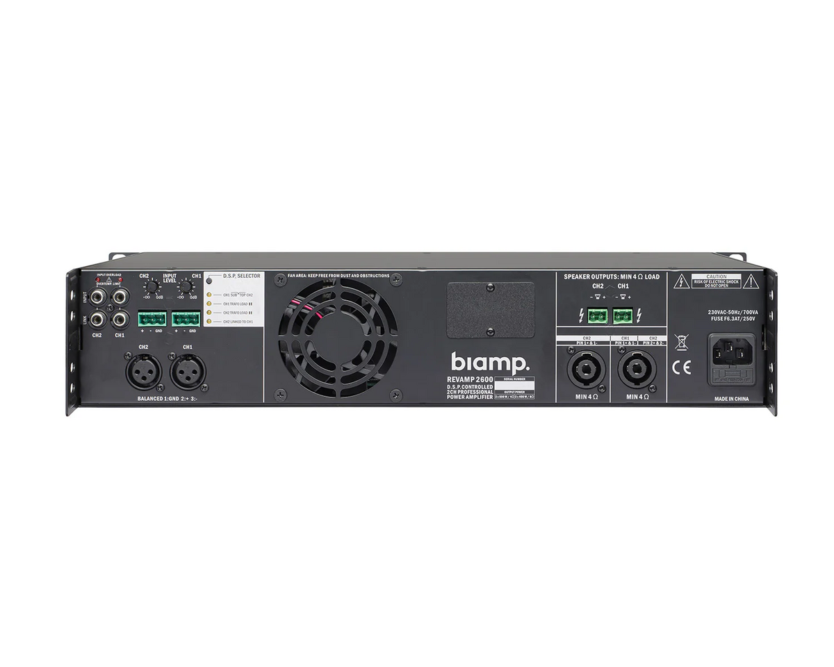 Rear panel connections and DSP controls on Biamp REVAMP2600 amplifier - main image