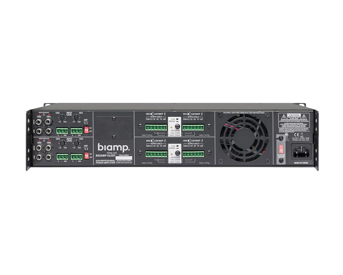 Rear panel speaker outputs and input connections on Biamp REVAMP4120T amplifier - main image