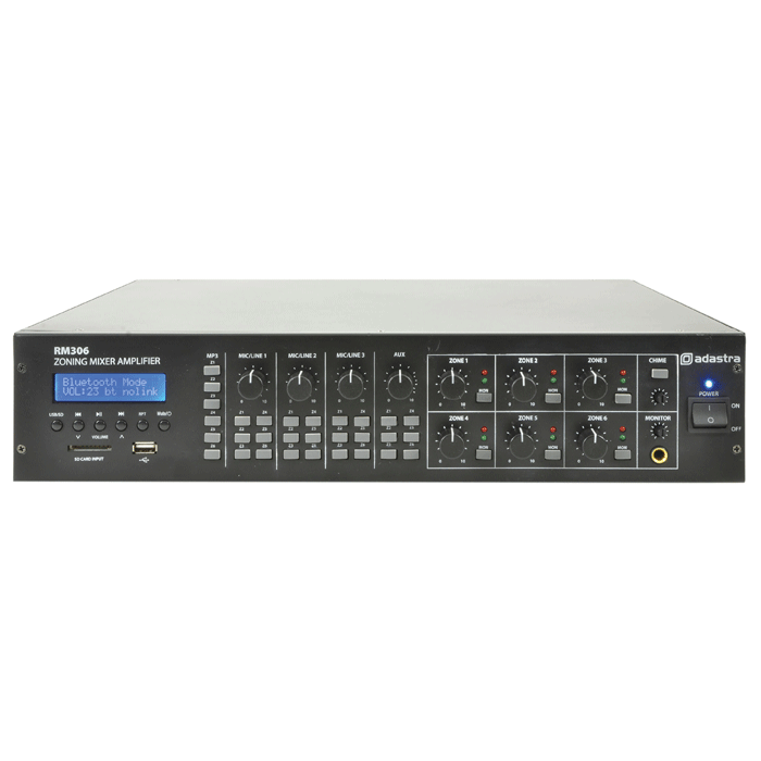 RM306 6 Zone Mixer Amplifier With USB/SD And Bluetooth Front - main image