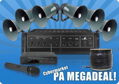 PA Package 3 - 6 Horn Speakers, 240W Amp, Wireless Microphone and 100m Cable - MEGADEAL