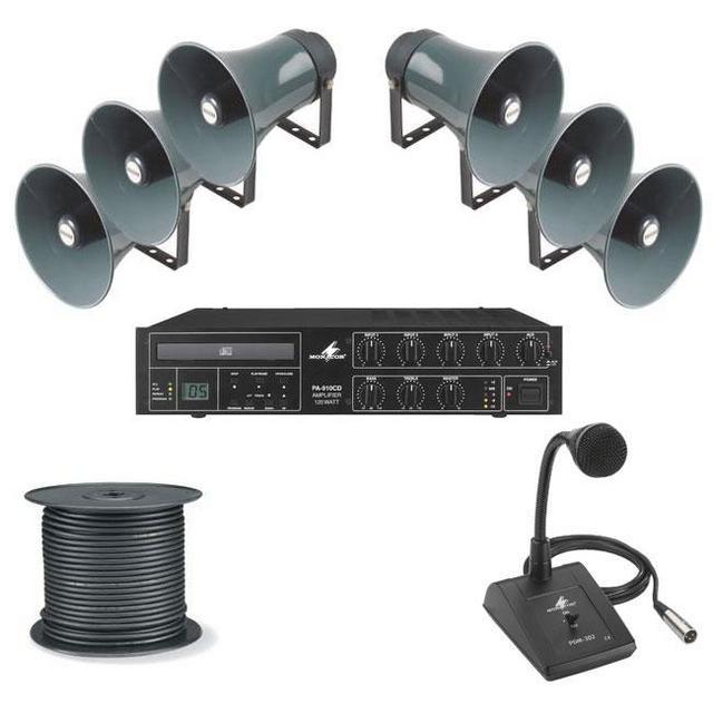 PA Package 4 - 6 Horn Speakers, 120W Amp with Built In CD Player, Paging Mic & 100M Cable