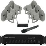 PA Package 6 Horn Speakers, 120W Amp, Wireless Mic & Cable - MEGADEAL