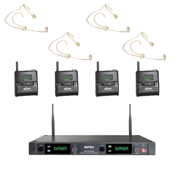 MIPRO Quad Wireless Microphone System With 4 X Headset Mics (Skin Coloured) - thumbnail image 1